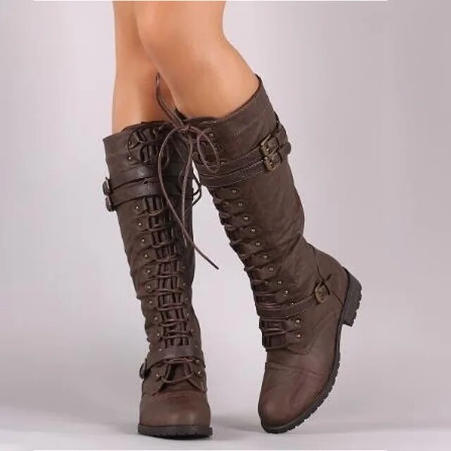 Lune London | High Lace-Up Boots Structured Fit Buckles Leather Look Robust Sole