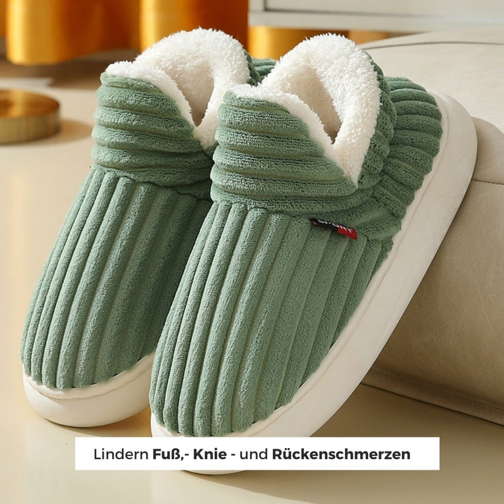 Warme grün hausschuhe mit flauschigem futter