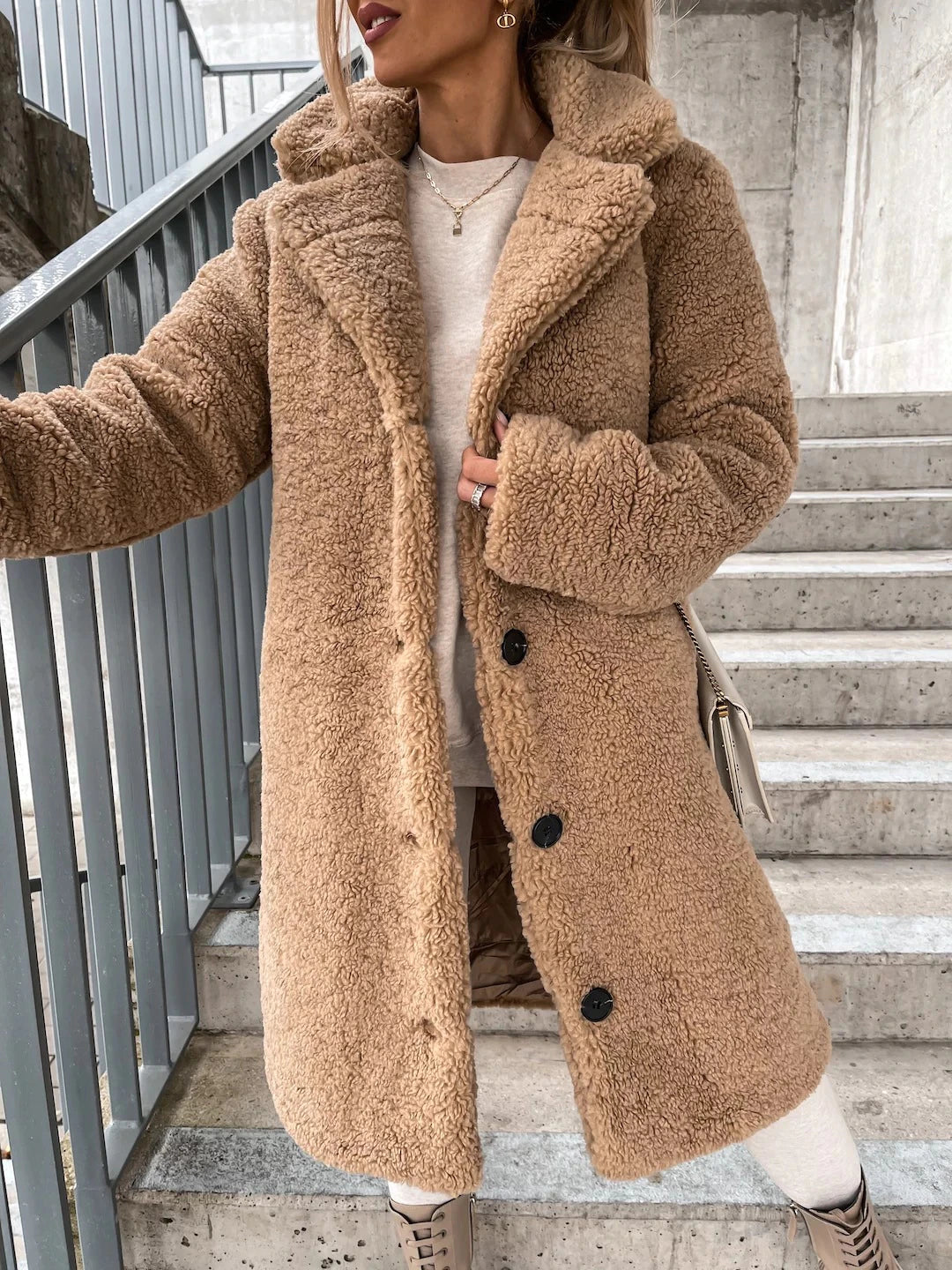 Lune London | Longer Coat - Soft Teddy Fleece - Hood & Button Closure - Loose Fit