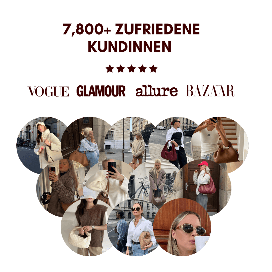 Collage von frauen, die verschiedene farben von ledertaschen präsentieren, mit werbetext