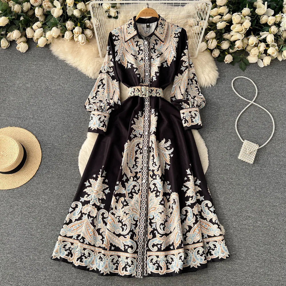 Lune London | A-Line Dress with Belt and Floral Pattern