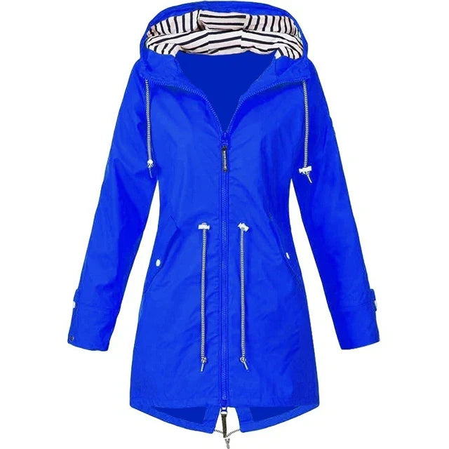 Lune London - Women's waterproof hooded trench coat with drawstring waist, zipper, and outer pockets