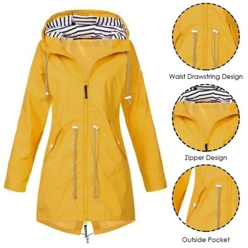 Amarae | Women's Waterproof Hoodie Trench Coat with Waist Drawstring, Zipper, and Outer Pockets