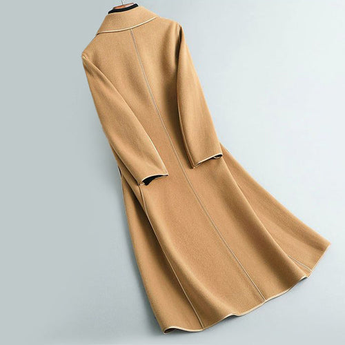 Amarae | Wool Blend A-Line Long Coat - Button Closure with Piping Trim Long Coat