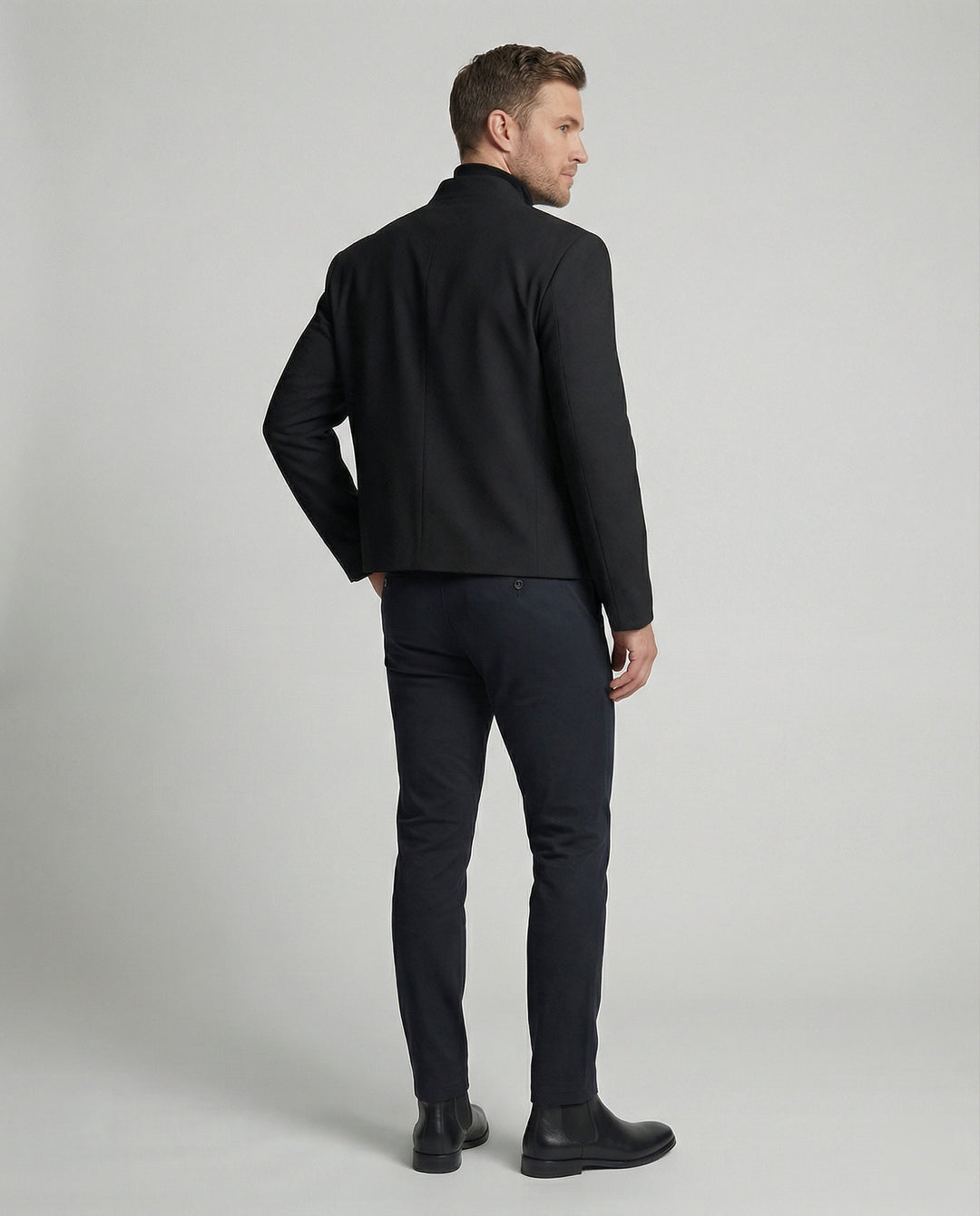 Men's Jacket New Chinese Style Stand Collar Black Wool Short