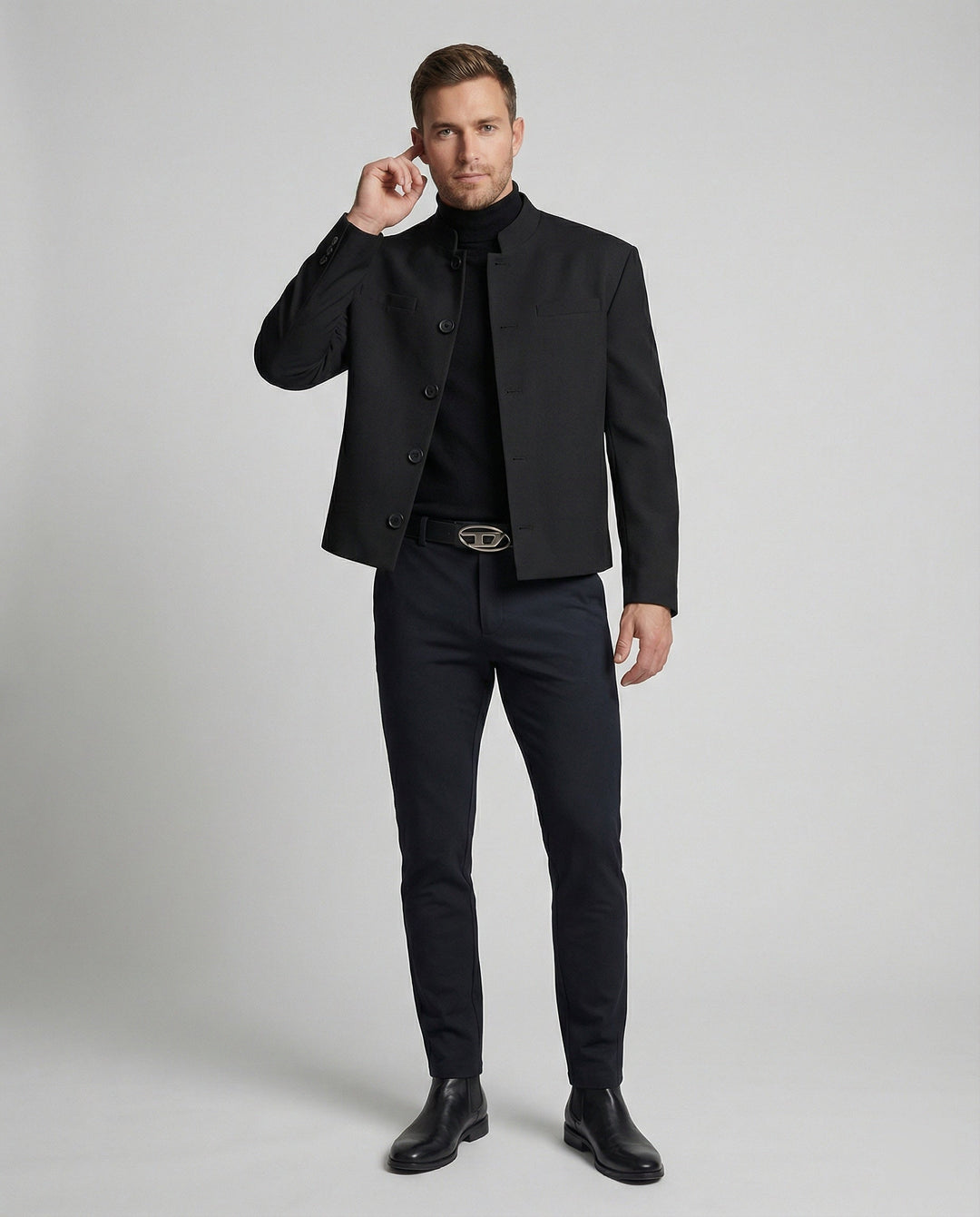 Men's Jacket New Chinese Style Stand Collar Black Wool Short