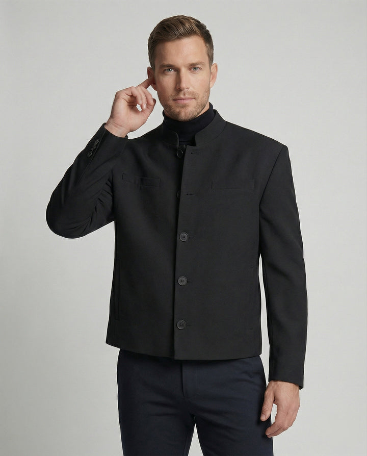 Men's Jacket New Chinese Style Stand Collar Black Wool Short