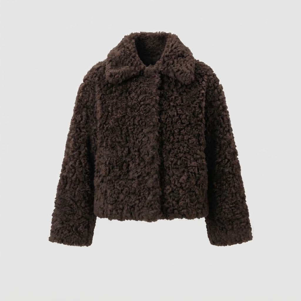 Women's Cozy Teddy Look Faux Fur Jacket with Oversized Cut and Wide Lapel Collar Amarae