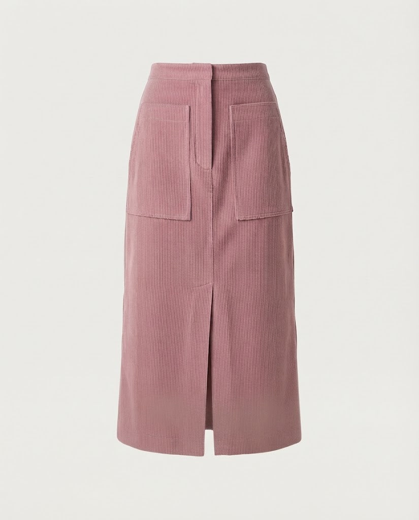 Women High-waisted Cord Midi Skirt with Patch Pockets and Front Slit Amarae