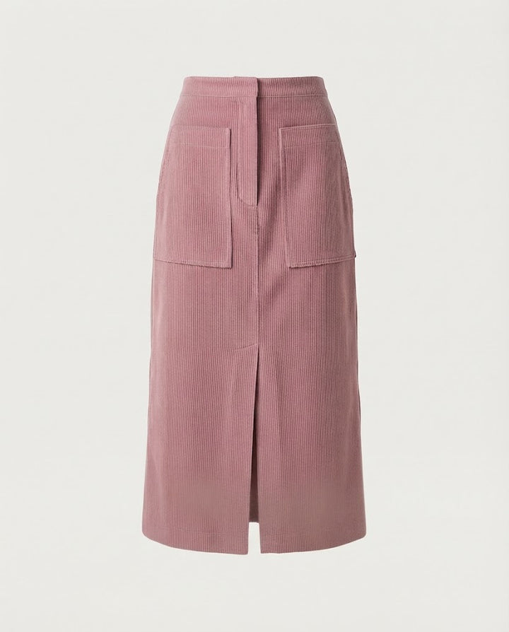 Women High-waisted Cord Midi Skirt with Patch Pockets and Front Slit Amarae