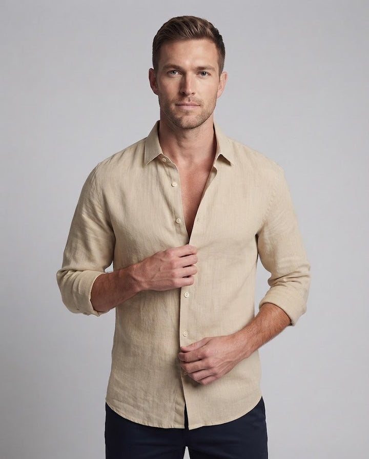 Men's Lightweight Comfort Linen Shirt with Button Placket and Rounded Hem Amarae