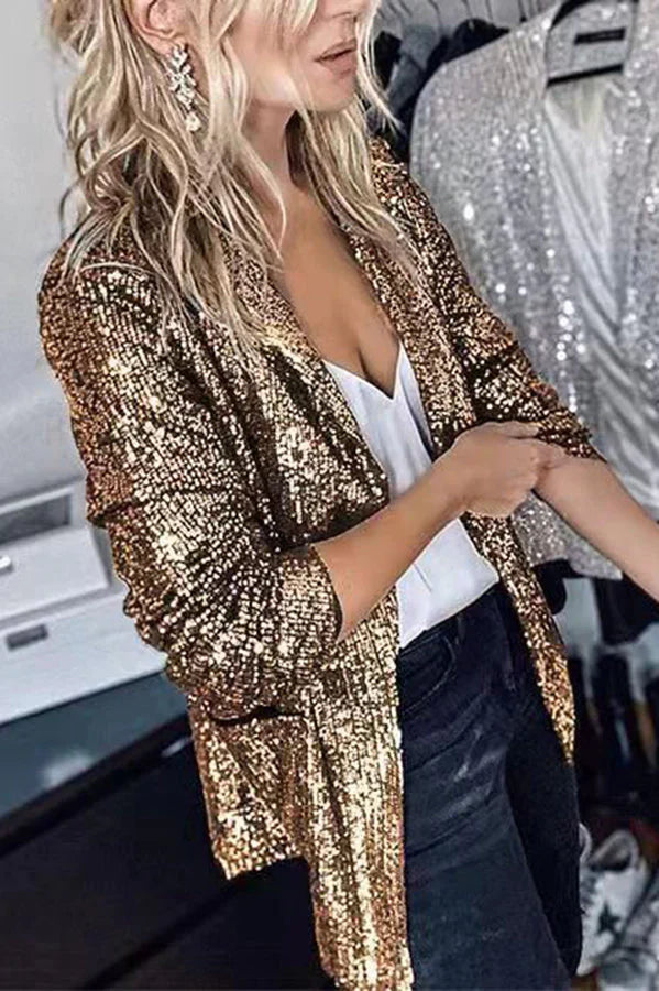 Chic Und Stil | Women Sequin Blazer with Long Sleeves and Lapels