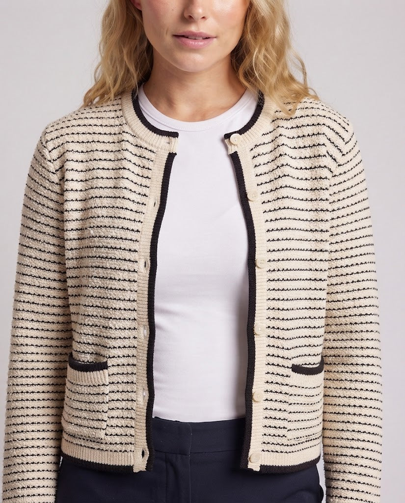 Women Short-Cut Cardigan with Contrast Cuffs and Patch Pockets Amarae