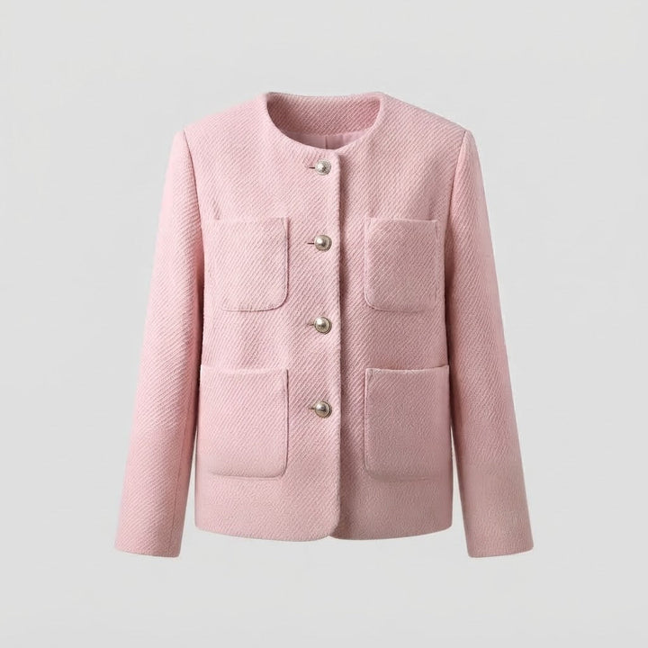 Women's Short Cut Boucle Jacket with Round Neckline, Patch Pockets and Decorative Buttons Amarae