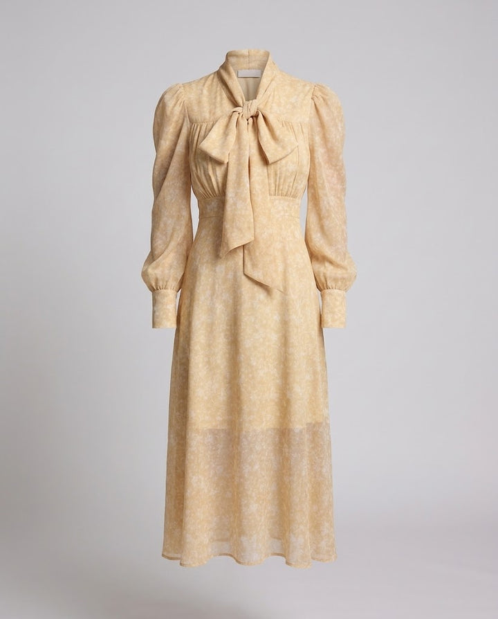Women Floral Maxi Dress with Bow Collar and Puff Sleeves Amarae