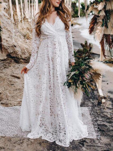 Amarae | Maternity Fashion for Photoshoot Baby Shower Wedding Maxi Dress Lace V-Neck Backless White Elegant
