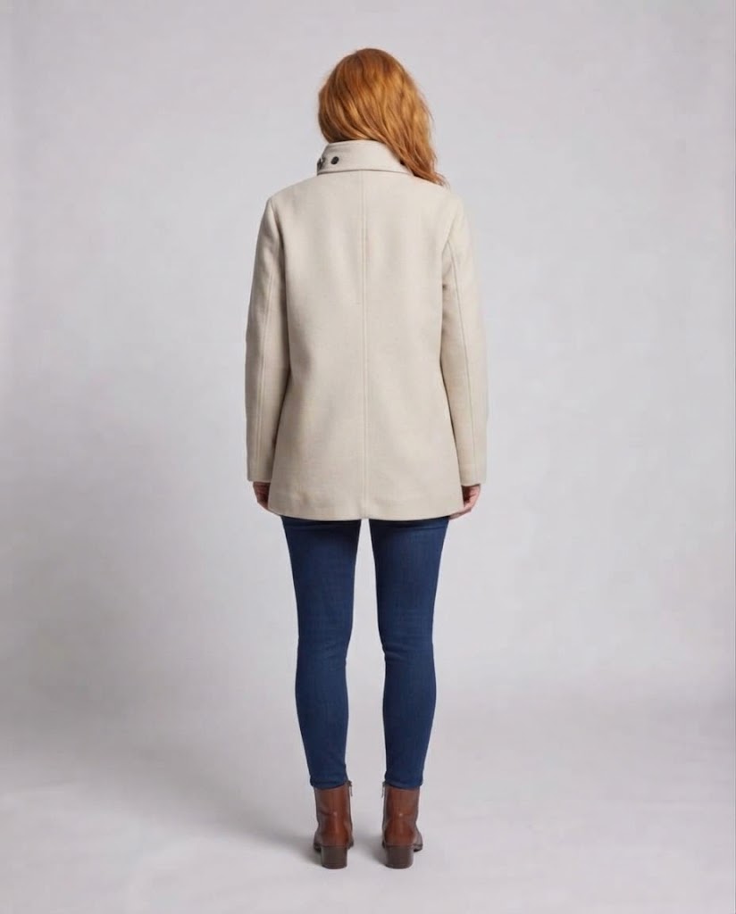 Ladies short-cut wool blend boxy coat with stand-up collar, oversized buttons and flap pockets Amarae