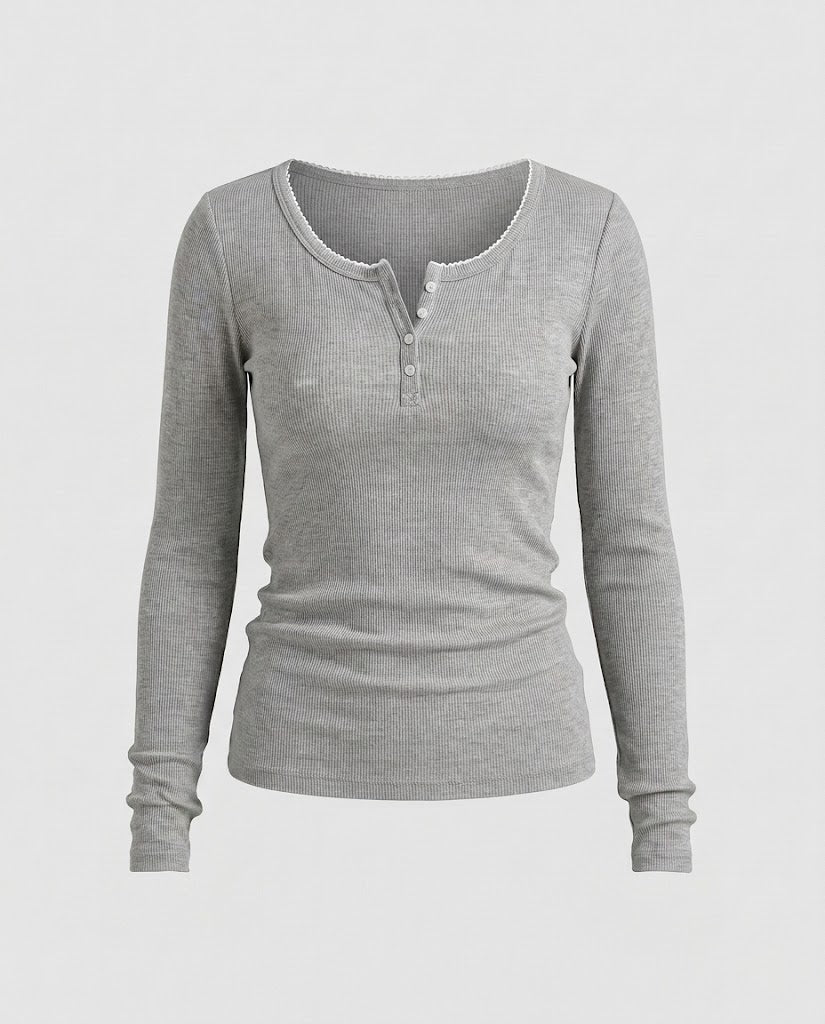 Women's Fitted Ribbed Long Sleeve Henley Shirt with Decorative Button Placket and Scalloped Edge Amarae