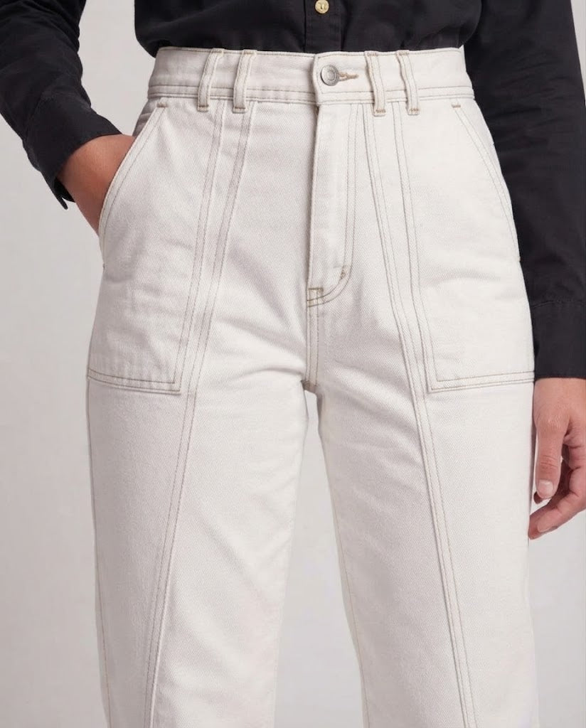 Women High-waisted Straight Fit Pants with Visible Decorative Seams and Patch Pockets Amarae