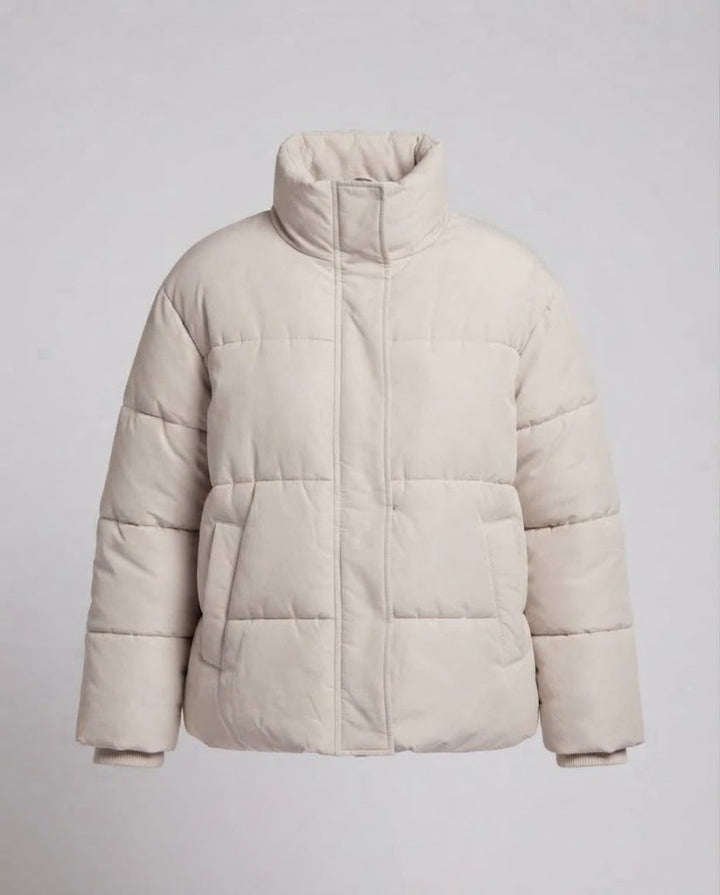 Women's short puffer jacket with high stand collar, asymmetrical zipper and boxy oversized silhouette Amarae