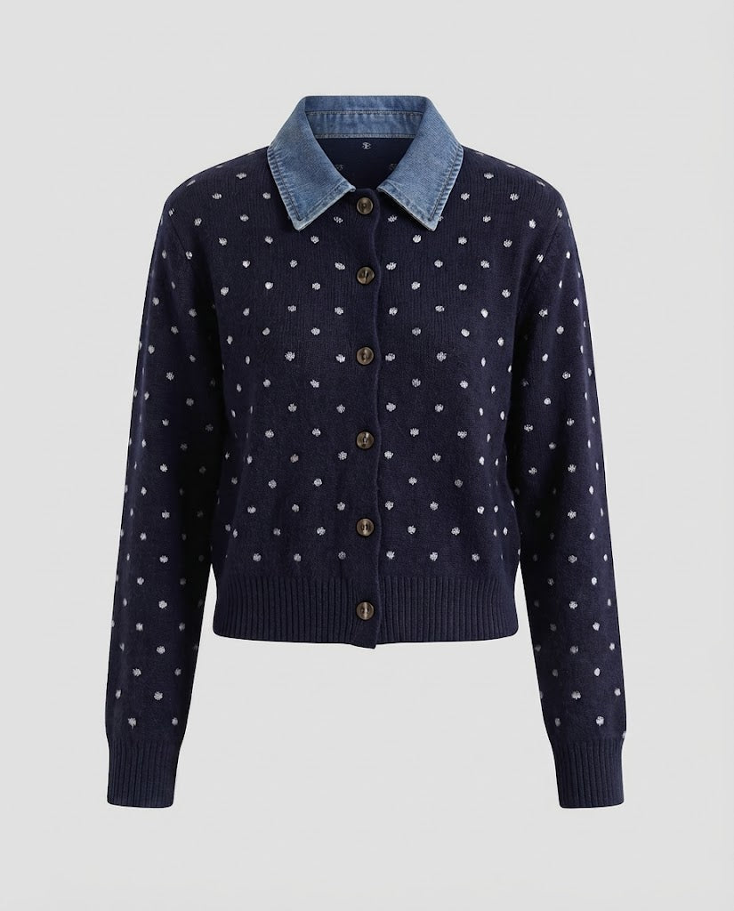 Women's Polka Dot Cardigan with Denim Collar and Button Placket Amarae
