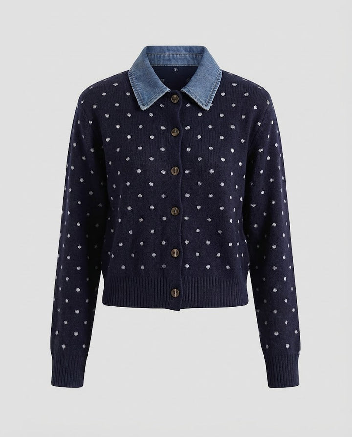 Women's Polka Dot Cardigan with Denim Collar and Button Placket Amarae