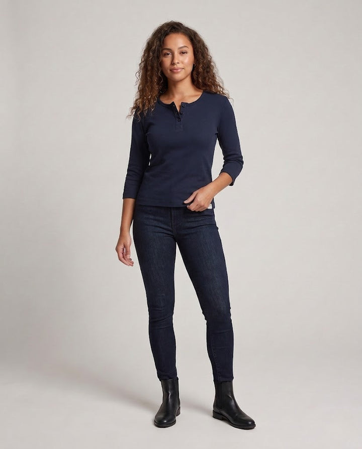 Women's Ribbed Henley Cropped Shirt with Three-Quarter Sleeves Amarae