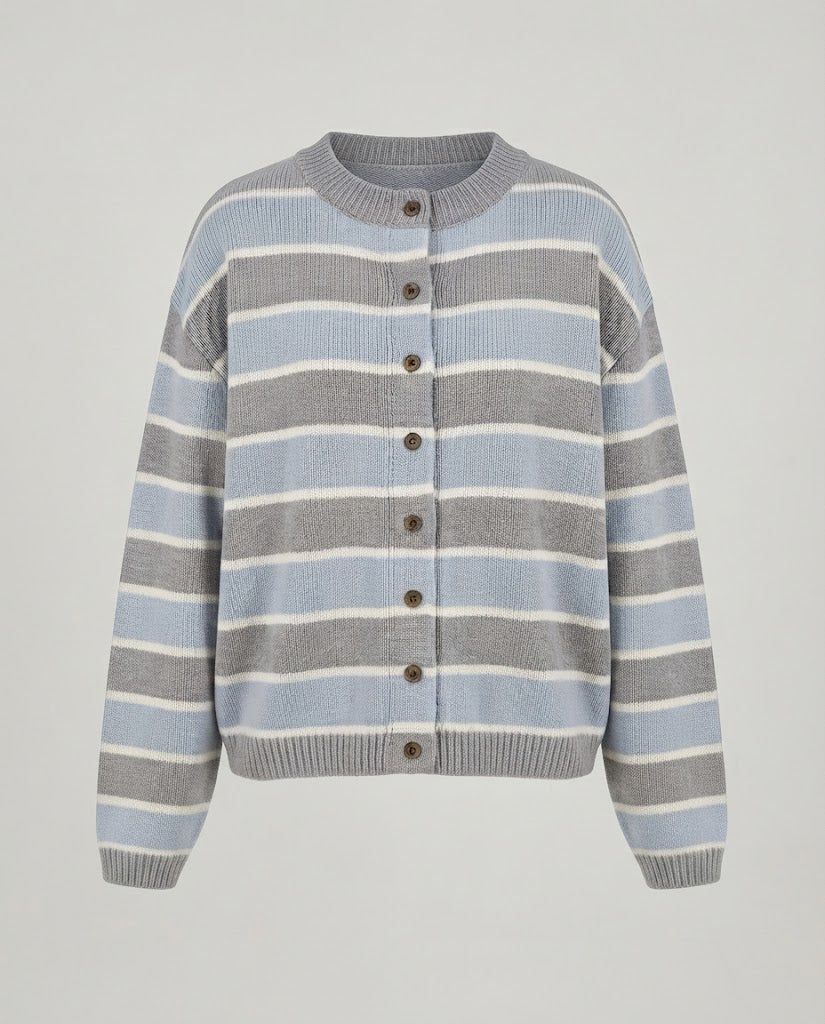 Ladies Short Fine Knit Cardigan with Horizontal Stripes and Button Placket Amarae