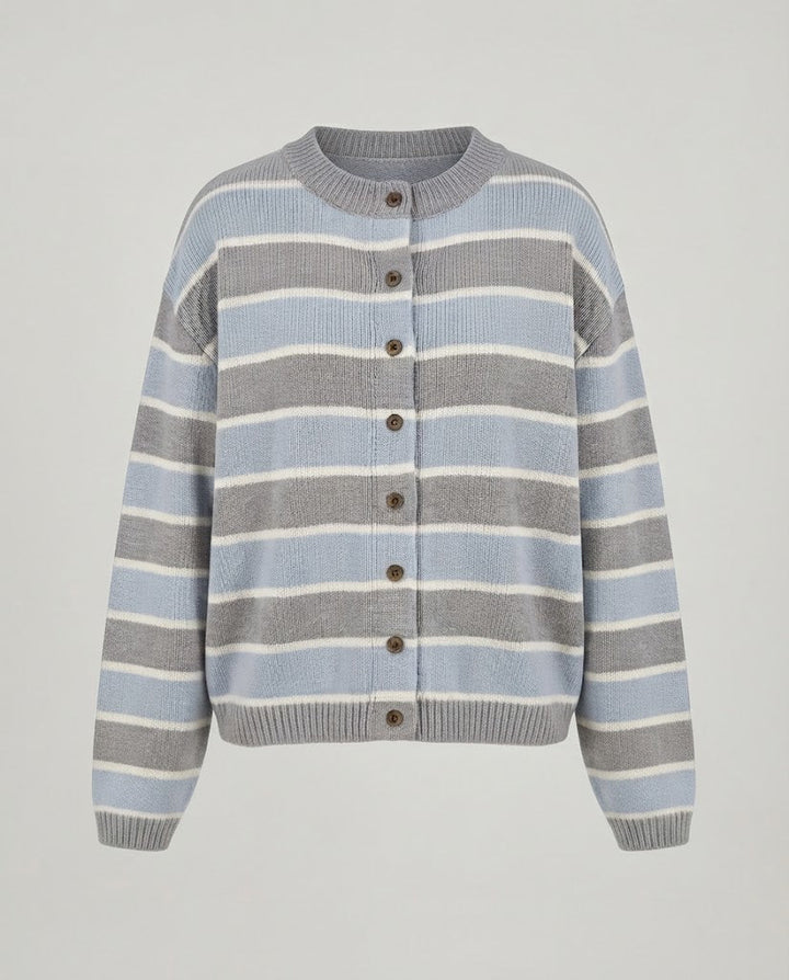 Ladies Short Fine Knit Cardigan with Horizontal Stripes and Button Placket Amarae