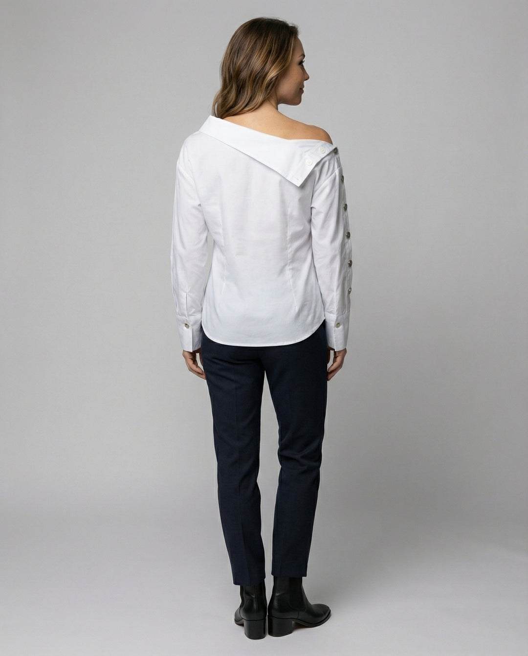 Women’s Cotton-Blend Blouse with Stand-Up Collar & Buckle Detail | Amarae
