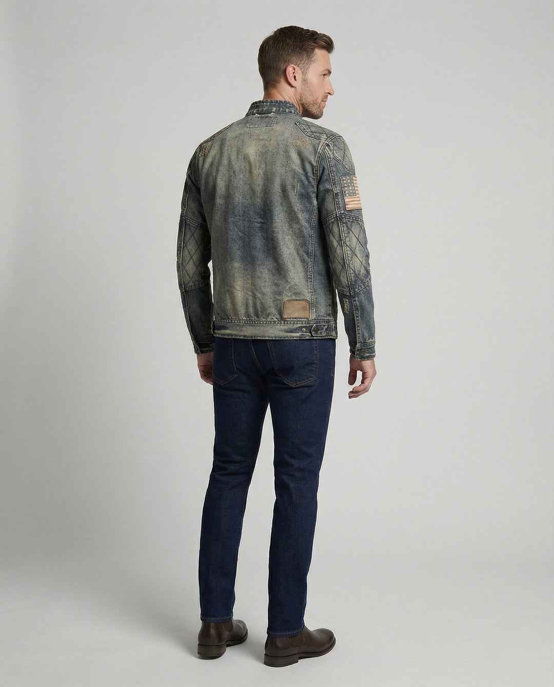 Men's Denim Jacket Biker Style Stand-Up Collar