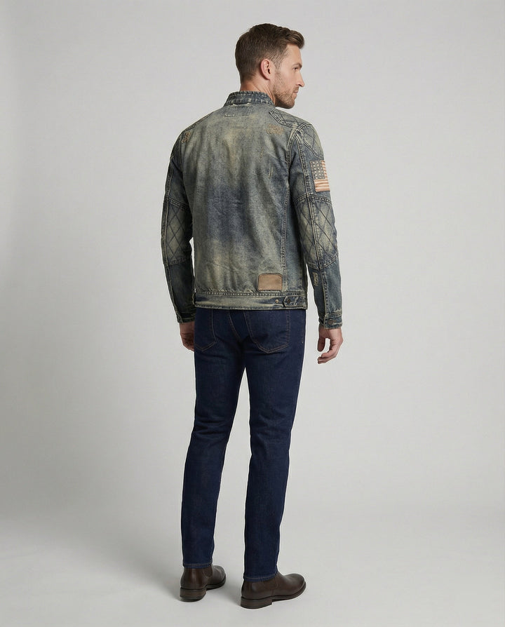 Men's Denim Jacket Biker Style Stand-Up Collar