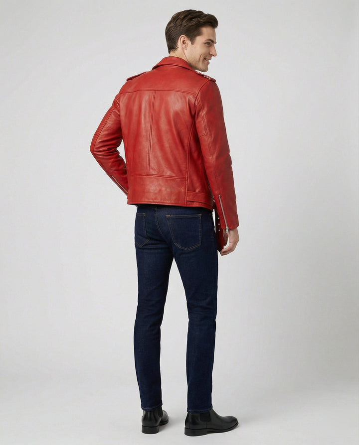 Men's Genuine Leather Biker Jacket with Design Accents