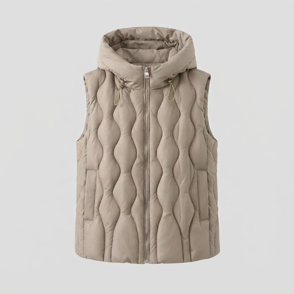 Women sleeveless quilted hooded vest with wave quilting and double zipper Amarae