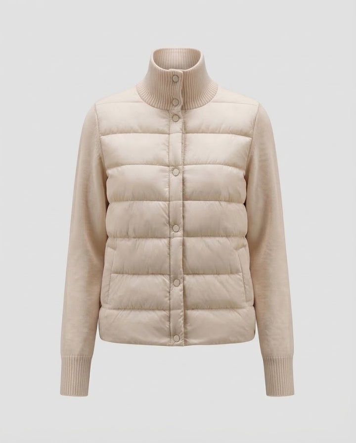 Women short cut quilted jacket with knitted sleeves and high ribbed collar Amarae