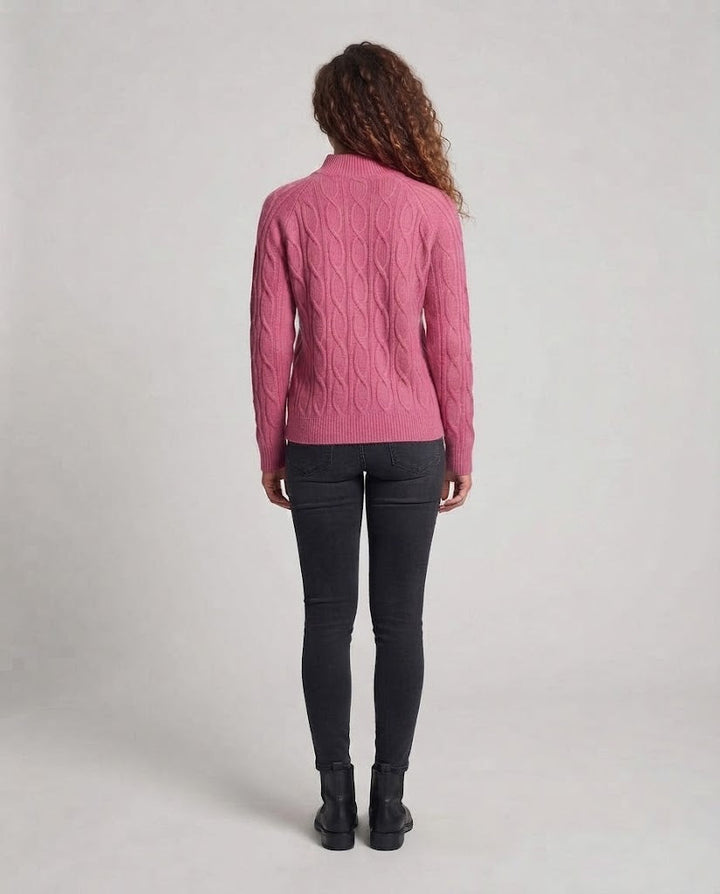 Women's fine knit pullover with cable pattern and standing collar Amarae