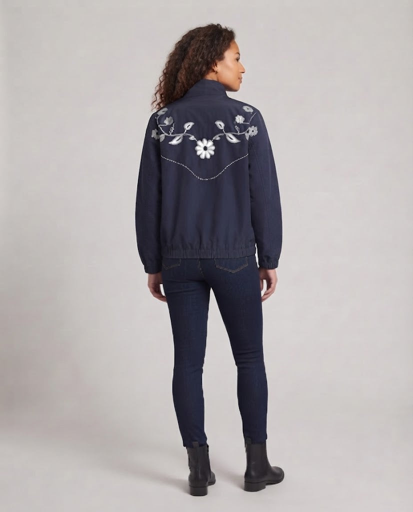 Women's Embroidered Lightweight Transitional Jacket with Zipper and Flower Detail Amarae