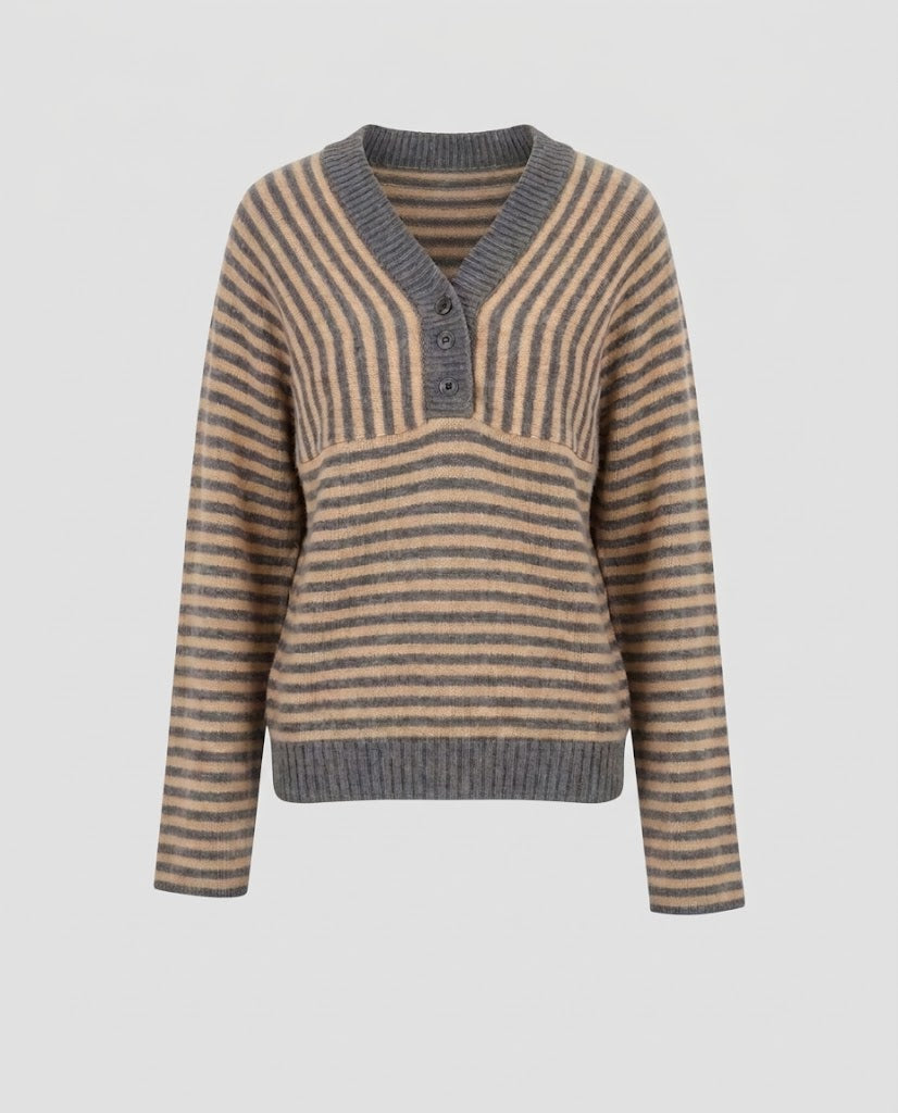 Women's Striped Fine Knit Sweater with V-Neck, Button Placket and Cropped Silhouette Amarae