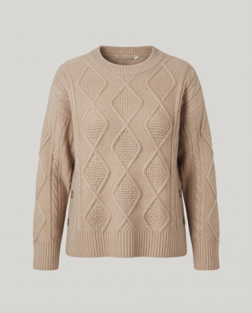 Women Thick Knit Oversized Sweater with Diamond Cable Texture and Wide Cuff Sleeve Amarae