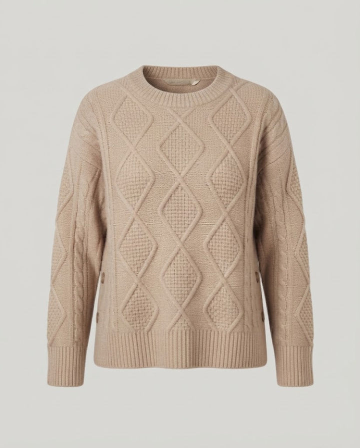 Women Thick Knit Oversized Sweater with Diamond Cable Texture and Wide Cuff Sleeve Amarae
