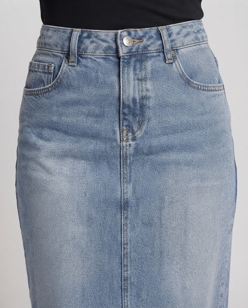 Women's High-Waisted Denim Midi Skirt with Raw Hem and Straight Cut Amarae