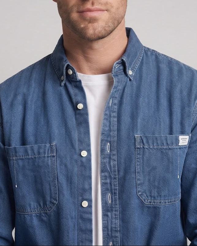 Men's Oversized Denim Shirt Jacket with Chest Pockets and Button-Down Collar Amarae