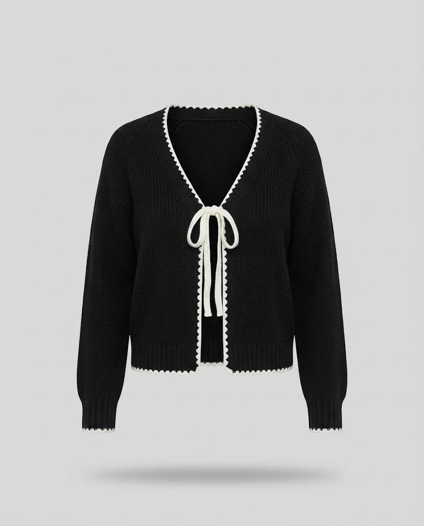 Women's short cardigan in boxy cut with crochet edge and decorative bow Amarae