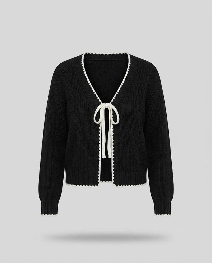Women's short cardigan in boxy cut with crochet edge and decorative bow Amarae