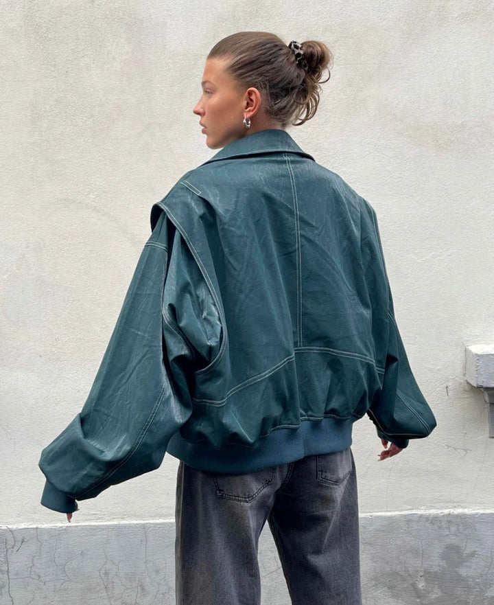 Lune London | Oversized Bomber Jacket in Faux Leather Street Style Transitional Jacket Casual Fashion Trend