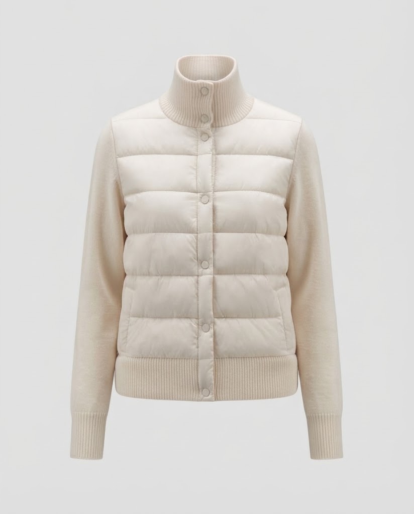 Women short cut quilted jacket with knitted sleeves and high ribbed collar Amarae