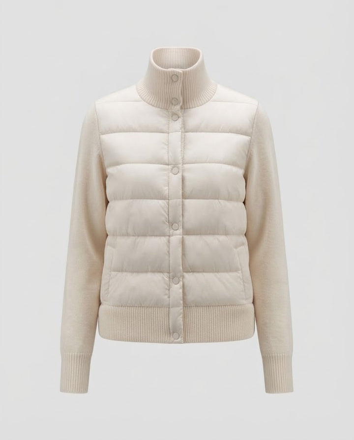 Women short cut quilted jacket with knitted sleeves and high ribbed collar Amarae