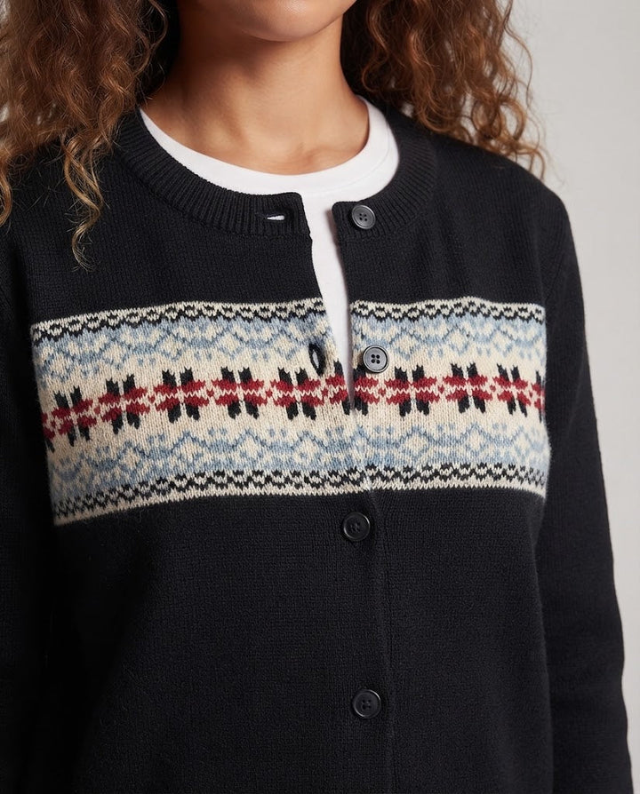 Women cardigan with horizontal intarsia border, round neck and button placket Amarae