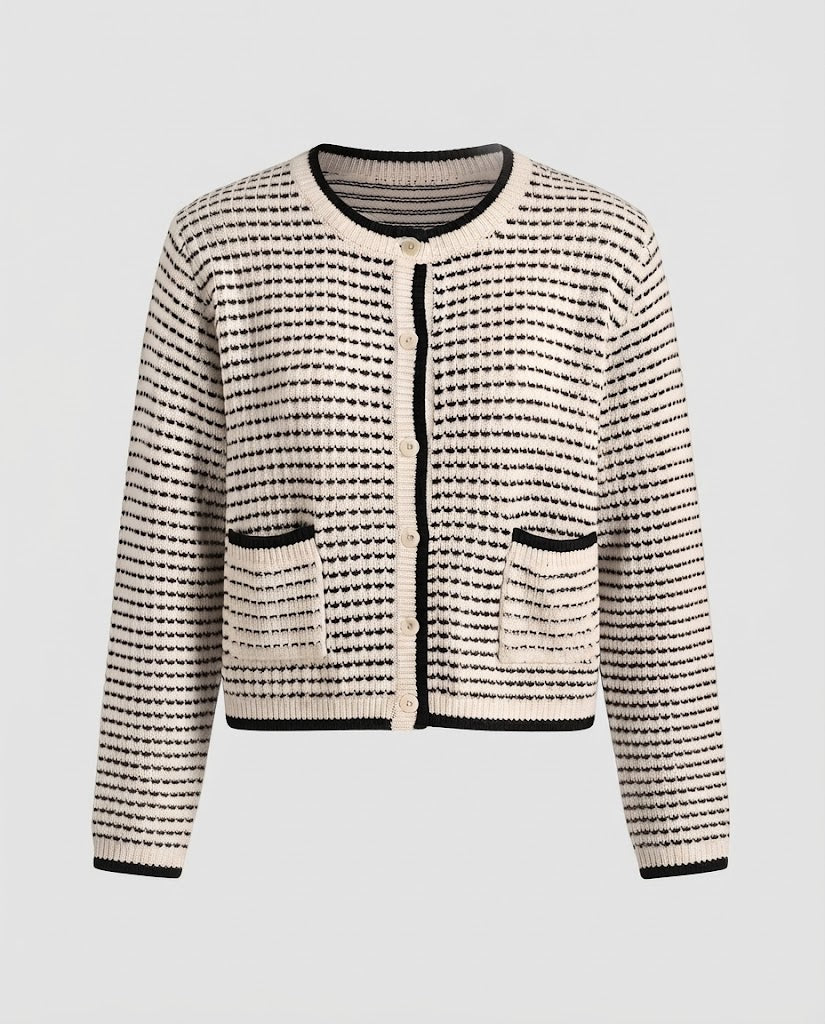 Women Short-Cut Cardigan with Contrast Cuffs and Patch Pockets Amarae