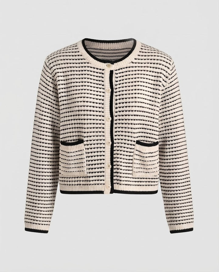 Women Short-Cut Cardigan with Contrast Cuffs and Patch Pockets Amarae